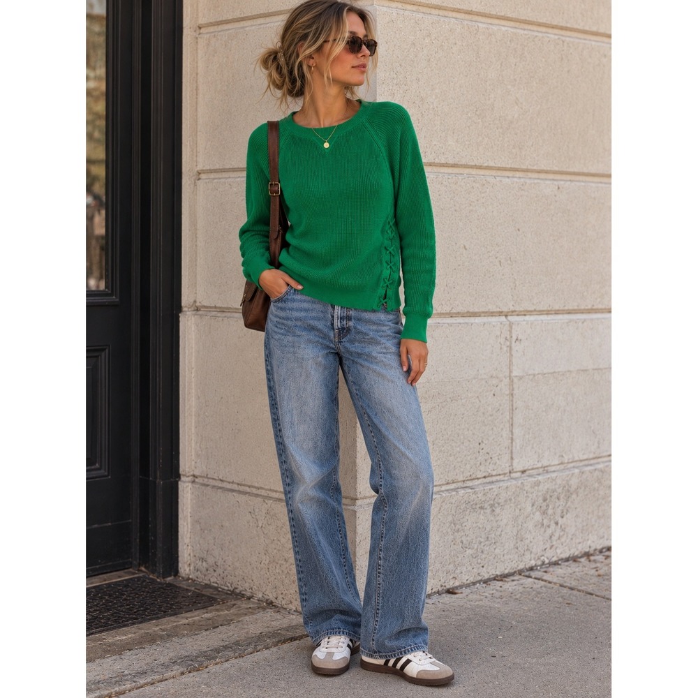 Vintage Lauren Ralph Lauren Green Waffle Knit Lace Up Side Sweater- XS